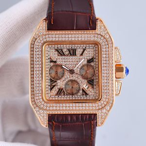 Case With Diamond Mens Watch Automatic Mechanical 9100 Movement Watches 42mm Inlaid With Rhinestones Waterproof Cowhide Strap Montre de Luxe