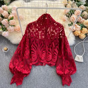 Blouses femininas Sexy Hollow Out Lace Stand Stand Collar Red Black White Sleeve Sleeve Elegant Shirts Tops
