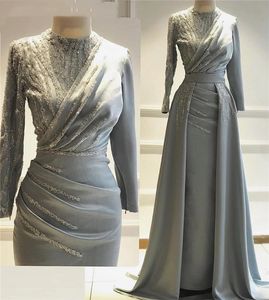 Elegant Mulim Formal Evening Dree Long Sleeve Pleat Pearl Beaded A Line Prom Party Gown Longable Train Modet Arabic Ilamic Marockan Kaftan