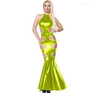 Casual Dresses 18 Colors Hollow Out Waist Legs Shiny Long Dress Ladies Sexy Sleeveless Mermaid Exotic Faux Leather Club Trumpet Vestido