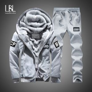 Herrespår vinter inre fleece hoodies casual huva varma tröjor manlig förtjockar träning 2 st jacka pant moleton masculino 221208