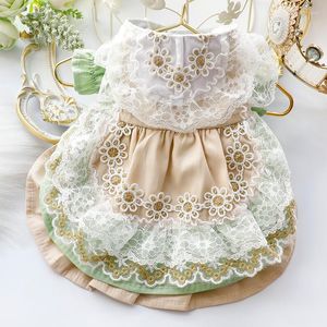 Dog Apparel Clothes Autumn Cat Princess Dress Green Golden Edge Lolita Fresh Small Teddy Pet