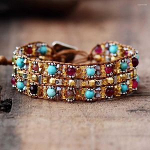 Strand Boho Bracelets High End Natural Stones Wax Cord Wrap Bracelet Semi Precious Stone Beaded Cuff Fashion Jewelry Dropship