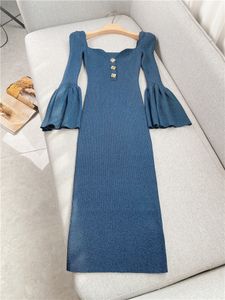 2023 Spring Blue Solid Color Sticked Dress Flare Sleeve Square Neck Buttons Midi Casual Dresses W2D080943