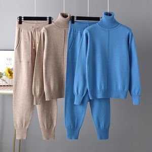 Kvinnors tv￥bitar byxor Kvinnor harembyxor Casual Fashion Suit Autumn Winter Turtleneck Solid Color Sweater Sticked Set 221207