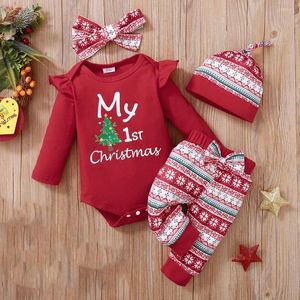 Roupas Conjunta 4pcs First Toddler Baby Girls Feliz Natal Prind Roupas Nascido infantil crianças de manga comprida Romper de natal fantasia