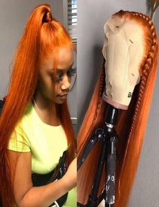 150 Densitet Ginger Lace Front Women039s Wig Straight 100 Human Hair High Definition Brasilian Remi Orange Spets Stängt peruk SEAM2012696
