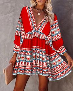 Casual Dresses 2022 Summer Women's Sexy Tribal Print V-Back bundet Swing Dress Backless V-hals Boho Vintage A Line