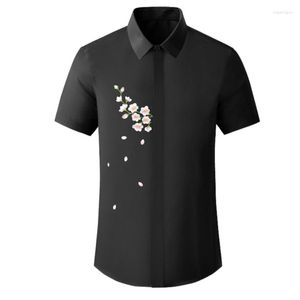メンズカジュアルシャツmingluチェリーブロッサム刺繍半袖男性高品質スリムフィットビジネスブラックホワイトメンズ4xl