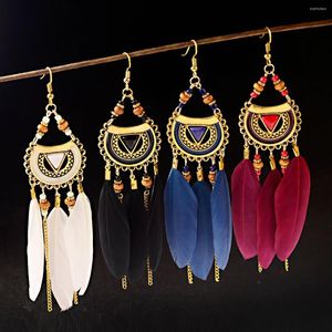 Dangle Earrings Gypsy Ethnic Jewelry Bohemian Style Retro Alloy Round Geometric Texture Tassel Feather Ladies Pendant Gift