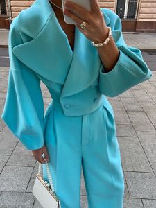 Kvinnors tv￥bitar byxor Kvinnor Elegant Woolen Croped Blazer Set Fall Winter Cashmere Lantern Sleeve 2 Chic Office Ladies Button Suits 221207