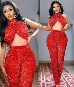 Size 2023 Plus Arabic Aso Ebi Red Sequined Jumpsuits Prom Dresses High Neck Backless Evening Formal Party Second Reception Bridesmaid Gowns Dress