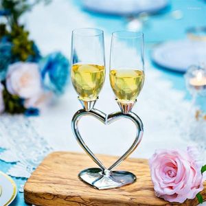 Şarap Gözlükleri 2 PCS Düğün Şampanya Flüt Cam Kupa Gelin Damat Kalp Şekleli Gümüş Kızarmış Kristal Goblet Nişan Yıldönümü