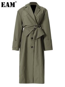 Frauen Trenchcoats EAM Frauen Grün Unregelmäßige Große Größe Revers Lange Hülse Lose Fit Windjacke Mode Frühling Herbst 1DE2795 221207