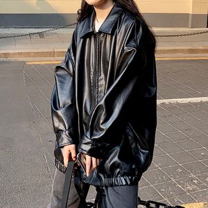 Women's Leather Faux Korean Black Jacket Women Winter Long Moto Biker Zipper Streetwear Harajuku Y2K Loose Coat 221207