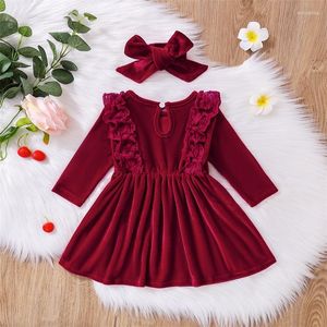 Girl Dresses Baby Girls Velvet Dress And Headdress Wine Red Solid Color Long Sleeve Flouncy Skirt With Bow Knot Decor