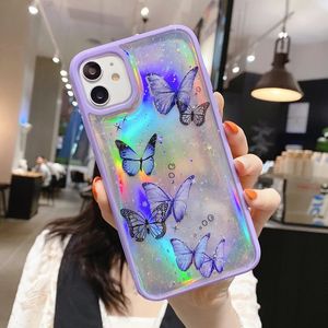 Nowy wspaniały słodki laserowa karta Butterfly Case na iPhone 13 12 11 Pro Max XS 14 XR 7 8 Plus różowy fioletowy brokat miękka, przezroczysta okładka