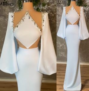 White Satin Elegant Evening Party Dresses Cut Crystals Rhinestones Long Sleeves Prom Gowns Modern and Fashion Arabic Aso Ebi Women Reception Formal Wear CL1582