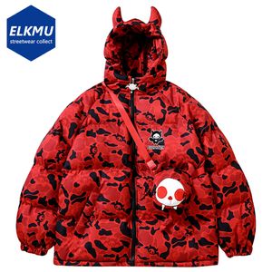 Piumini da uomo Parka invernali con cappuccio Giubbotti con borsa Streetwear Camouflage Devil Horn Cappotti spessi caldi imbottiti a bolle Harajuku Puffer 221207