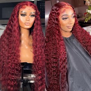 Burgundy Transparent Deep Wave Lace Frontal Wig 13x4 Red Colored Brazilian Remy T Part Curly Human Hair Wigs For Women