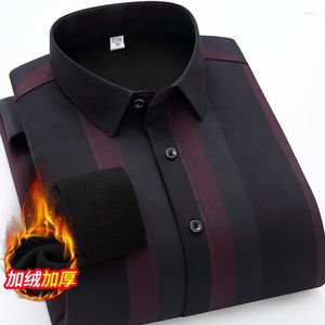 Men's Dress Shirts Mens Winter Fleece Thicken Warm Business Casual Slim Strip Long Sleeve Cotton Formal Office Wedding