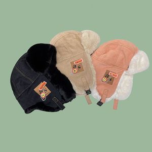 Winter Outdoor Men Russian Pilot Hat Women's Fashion Bomber Hat with Labeling Letter Cotton Faux Fur Soft Warm Trapper Ushanka