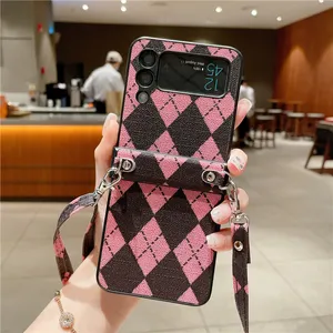 Faltende Halskette mit geometrischem Druck für Samsung Galaxy Z Flip3 Flip4 5G Vogue, verstellbares Lanyard, Rautenmuster, Schutzhülle, stoßfest