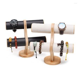 Smyckespåsar 2Layer Bambu Display Watch Armband Storage Displays Bangle Stand Vintage T-Bar Organizer