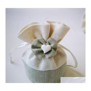 Gift Wrap Handmade Bow Gift Canvas Bag Polyester Fiber Wedding Candy Round Bottom Bundle Pocket Sweets Chocolate Food Dstring Bags 1 Dhder