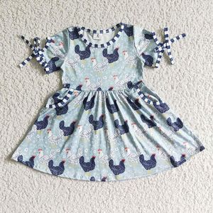Sukienki dla dziewczynki butik letnie kure ubrania z krótkim rękawem kwiatowy strój hurtowy dzieci mody kurczak kieszonkowy