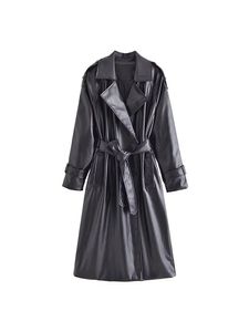 여자 가죽 가짜 가을 가을 캐주얼 패션 세련된 벨트 트렌치 코트 빈티지 라펠 긴 슬리브 슬림 한 단색 재킷 221207