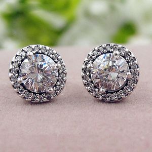 925 Sterling Silver Round Sparkle Stud Earrings Fits European Pandora Style Jewelry Fashion Earrings