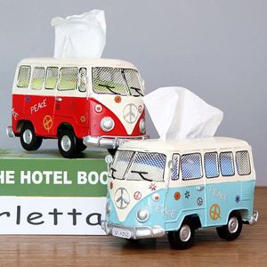 Porta fazzoletti per auto retrò in ferro battuto Creativo American Bus Figurine Scatole per fazzoletti Camera da letto Casa Soggiorno Decorazione Ornamenti
