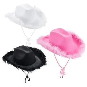 Wholesale All-match Fluffy Feather Brim Cowboy Hat Pink Cowgirl Hat for Mardi Gras Rave