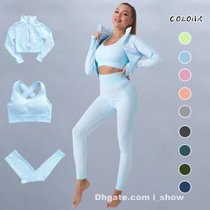 Seamless Women Yoga Outfits Sports Suits Fitness Wear Workout Running Clothing Sportswear Long Sleeve Crop Top Leggings Sport Bra Athletic Apparel