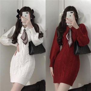 Casual Dresses 2022 Hepburn Slim Scarf Tie Twist Long Sleeve Knit Dress Retro Magenta Sweater Loose Lazy Wind Jacket A-LINE