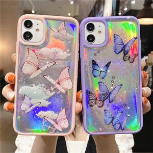 Casos de luxo lindos laser laser butterfly capa para iPhone 13 12 11 Pro m￡ximo xs 14 xr 7 8 plus rosa Glitter roxo macio tampa clara