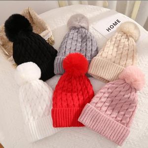 2022 Adults Thick Warm Winter Hat For Women Soft Stretch Cable Knitted Pom Poms Beanies Hats Womens Skullies Beanies Girl Ski fleece lined Cap Caps