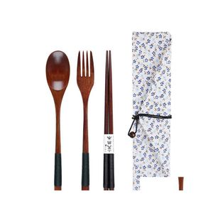 Besteck-Sets Umwelt Holz Gabel Löffel Dreiteiliger Anzug Japanischer Korea-Stil Reise Tragbares Geschirr Schönes Geschirr Tasche Pac Dhvpi