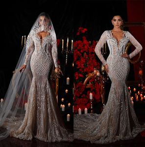 Unique Lace Mermaid Wedding Dresses Illusion Crystals Bridal Gown Custom Made Sequined Wedding Gowns