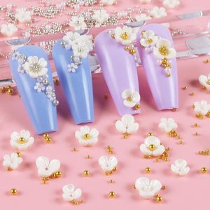 Nail Art Decorations White Pink Flowers Metal Bead Pearl Design Kawaii 3D Charms Deco Manicure Ornaments Rhinestone For Nails Acrylic