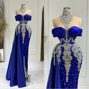 Royal Blue Mermaid Evening Dress Crystal Beads High Neck Off Hounder Prom Dresses Dooling Custom Made Robe de Soiree