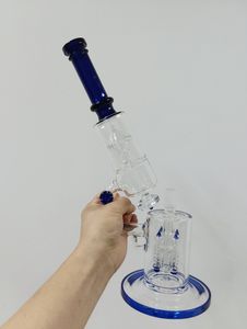 Blue Microscope Glass Water Bong 14-calowy Dab Rig Shisha Dual Chamber 4 Rocket UFO Percolator