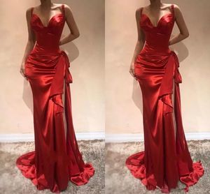 2023 Винтажные вечерние платья носить красные спагетти ремня Русалка Сексуальная боковая сторона Сплит Стинированный лук Женщины Дубай Формальное выпускное платье для вечеринки