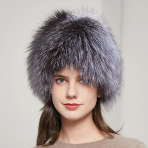 Berets JKP Winter Ladies Real Natural Knitted Beanie Cap Russia Warm Ear Protection Fashion Silver Fur Women Hat HY-11