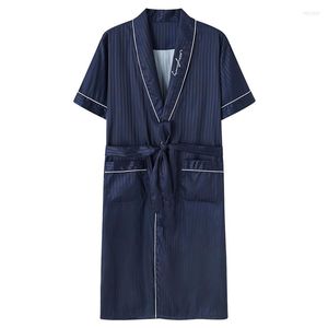 M￤ns s￶mnkl￤der Silk Satin Mens Robe Short Sleeve Striped Bathrobe Sexig V-ringning Kimono Night Bath Fashion Dressing Gown for Man