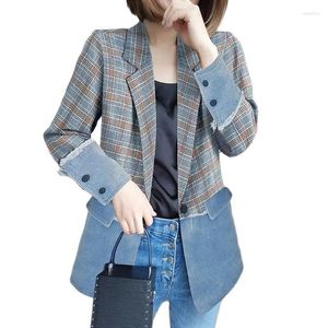 Abiti da donna Blazer Female2022 Primavera Autunno Stazione europea Denim Cuciture Giacche da donna Temperamento Cappotti Plaid Casual