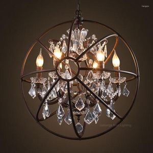 Pendant Lamps Dia55cm 5 Lights American Industrial Cage Crystal Rust/Black Nordic Iron Chain Lamp Vintage Hanging Light