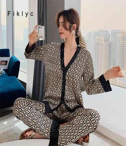 Fiklyc Women039s Pajamas Set V Neck Design Luxury Cross Letter Print Sleepwear Silk Like Home Clothes Nightwear Satin Pyjamas S9526125