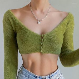 Bluzki damskie Spring Autumn Green Green Velvet Crop Top dla kobiet Eleganckie topy z długim rękawem